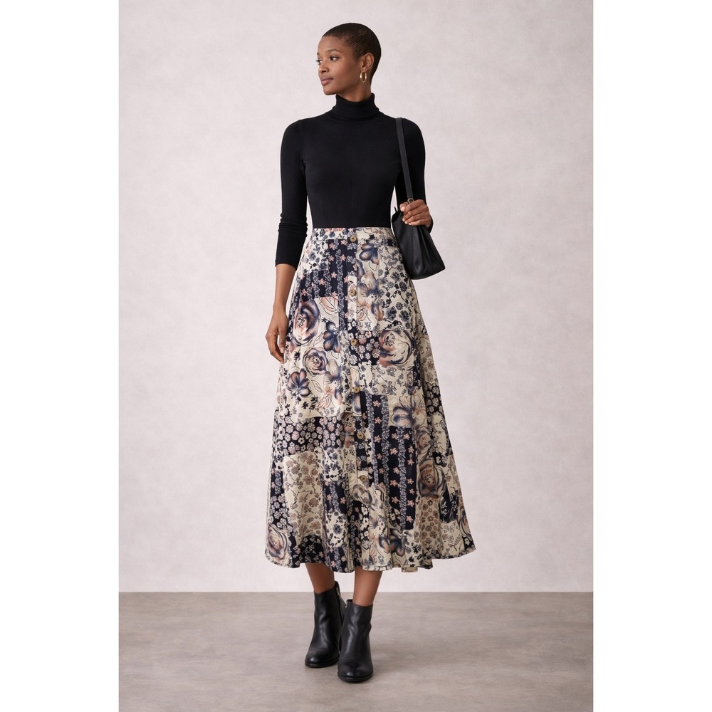SJS Women's‎ Floral Patchwork Midi Skirt Size Large | Button Front